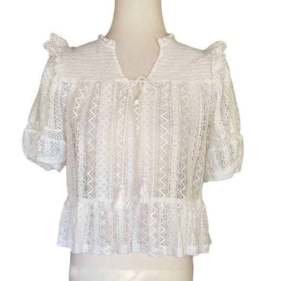 Mango MNG White Eyelet Lace Smocked Ruffle Tie Front Tassel Cropped Blouse - XS - Picture 2 of 9